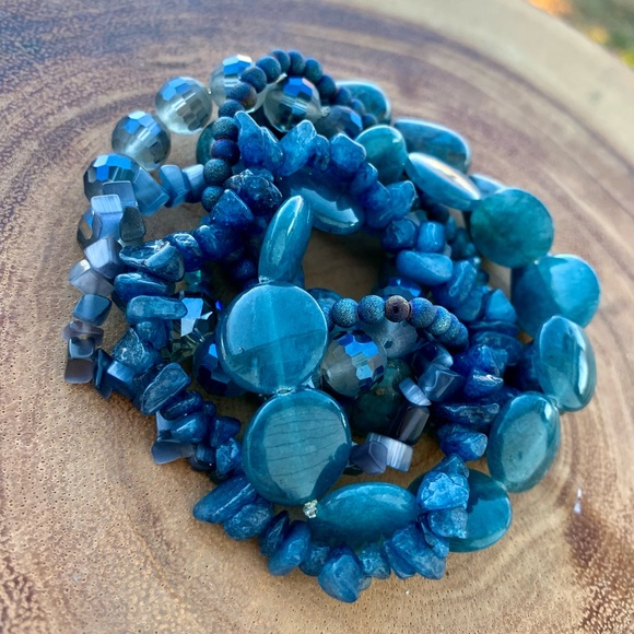 Natural Blue Gray Apatite, Jasper & Moonstone Gemstone Mix Bead Bracelet Stack - Picture 4 of 13